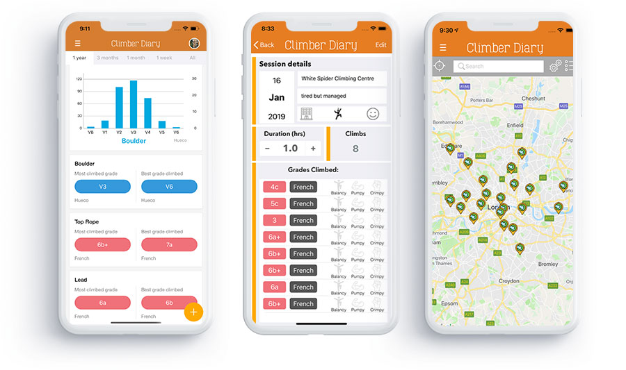 Climber Diary App Screens.